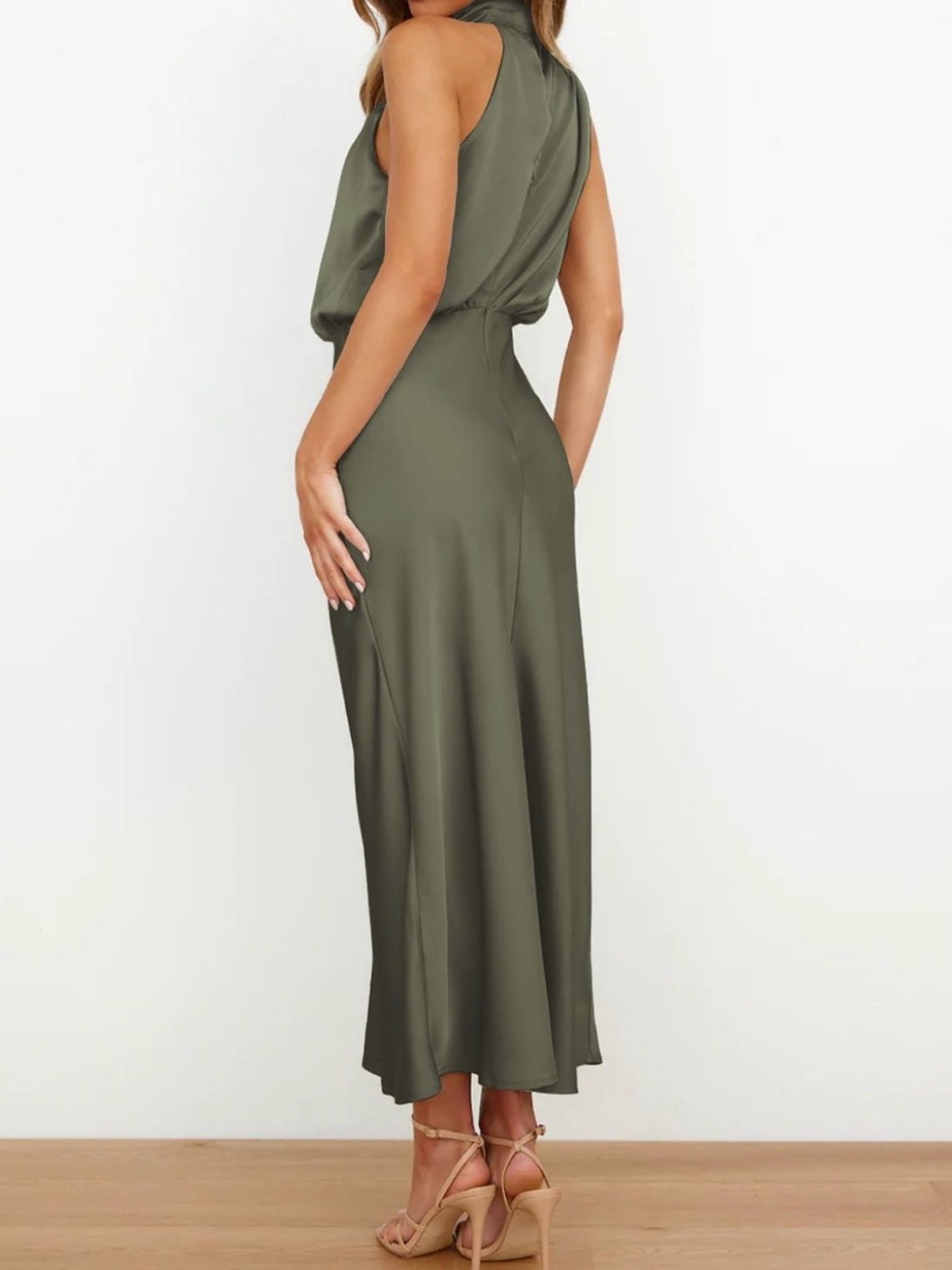 NWT Sleeveless Olive Maxi Dress with High Neck Sz S - Picture 2 of 6